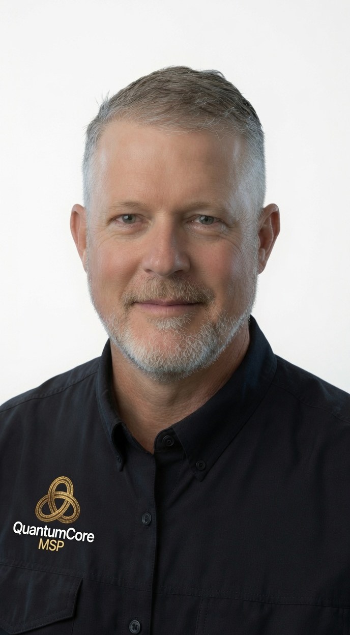 Portrait of Scott Hoffman, founder of Quantum Core MSP, wearing a Quantum Core MSP shirt